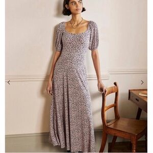 Boden Square Neck Jersey Maxi Dress Sz 2 Floral Pink Blue Stretchy Bubble Sleeve
